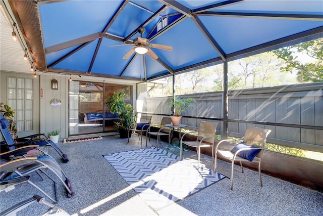 737 Timber Ridge Trl SW Unit B, Vero Beach, FL 32962 - sunroom featuring ceiling fan, lofted ceiling, and track lighting