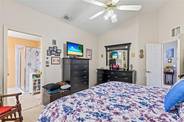 881 Foster Ave, Sebastian, FL 32958 - tiled bedroom featuring ceiling fan and high vaulted ceiling