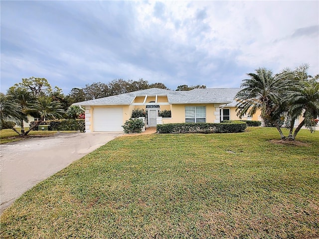 ranch-style home with a front yard and a garage