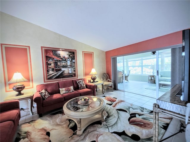 tiled living room featuring lofted ceiling