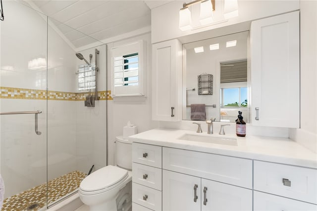 bathroom with vanity, toilet, and a shower with shower door