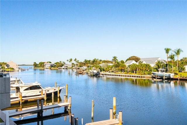 view of dock featuring a water view and boat lift