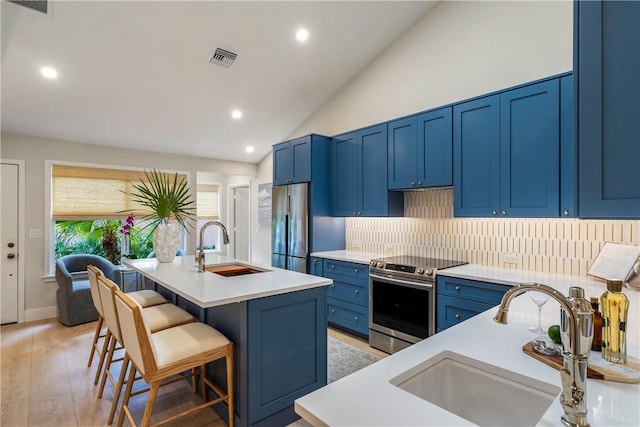 kitchen with sink, a kitchen breakfast bar, a center island with sink, and stainless steel appliances