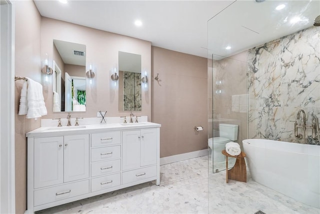 full bathroom featuring toilet, vanity, and separate shower and tub