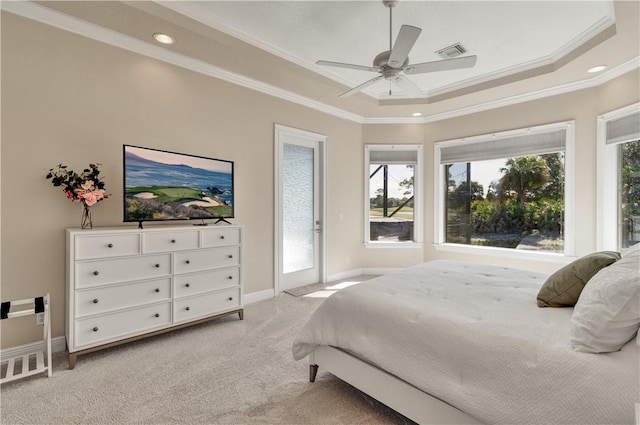 bedroom featuring ceiling fan, light colored carpet, crown molding, and access to outside