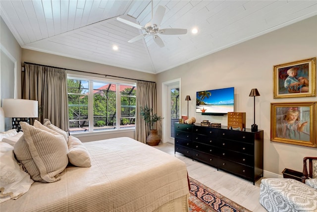 bedroom with lofted ceiling, light hardwood / wood-style floors, wooden ceiling, and ceiling fan