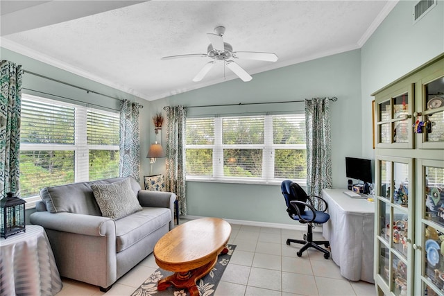 tiled office featuring a textured ceiling, ceiling fan, crown molding, and lofted ceiling