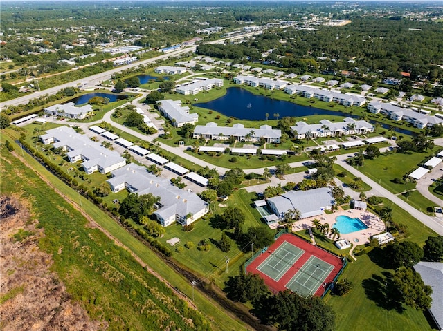 aerial view featuring a water view