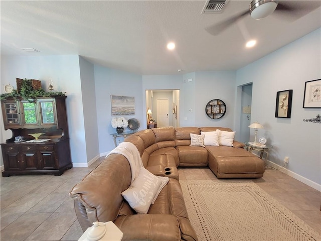 1808 Berkshire Cir SW, Vero Beach, FL 32968 - living area featuring light tile patterned floors, ceiling fan, and recessed lighting