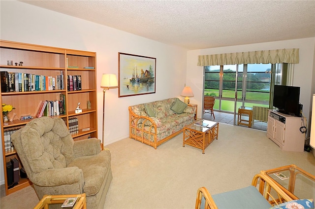 carpeted living room featuring a textured ceiling