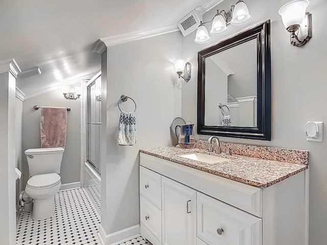 7330 36th Ct, Vero Beach, FL 32967 - full bathroom featuring visible vents, vanity, baseboards, combined bath / shower with glass door, and toilet