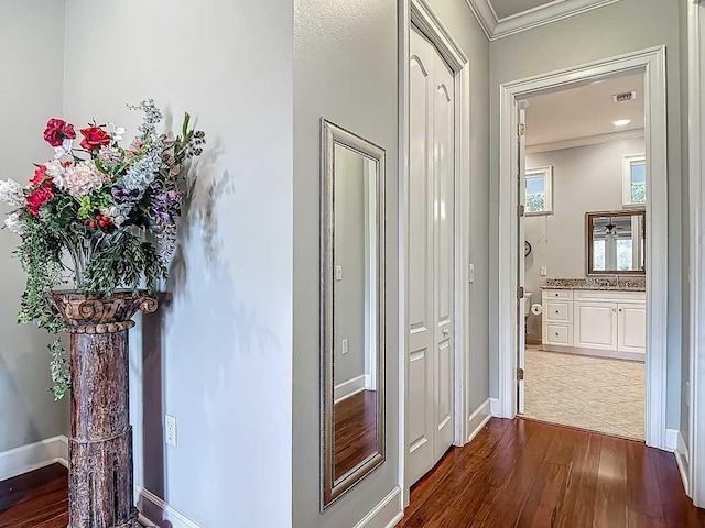 7330 36th Ct, Vero Beach, FL 32967 - corridor with baseboards, ornamental molding, a sink, and dark wood-style floors