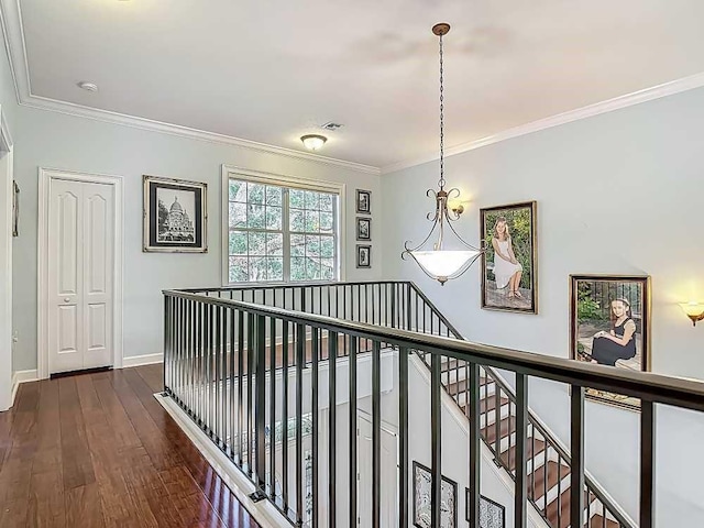 7330 36th Ct, Vero Beach, FL 32967 - hallway featuring baseboards, ornamental molding, dark wood-style floors, and an upstairs landing