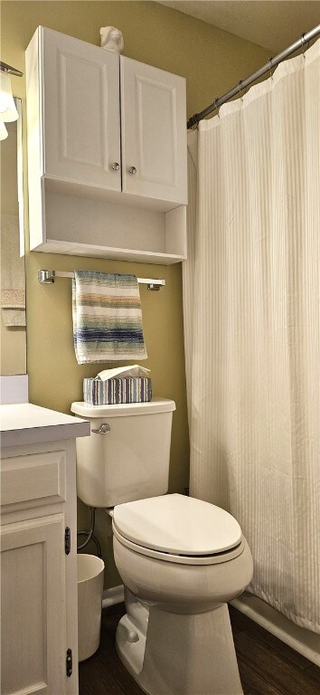 bathroom featuring a shower with shower curtain, vanity, wood-type flooring, and toilet