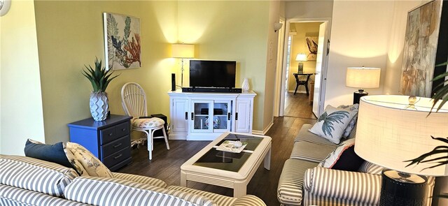 living room with dark hardwood / wood-style flooring