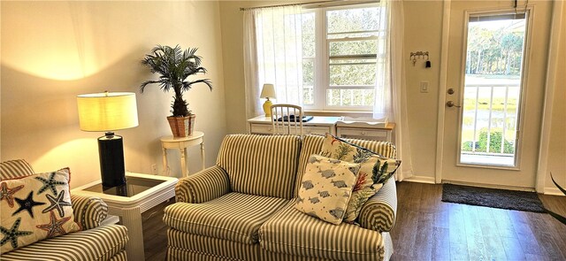 living area featuring plenty of natural light and dark hardwood / wood-style floors