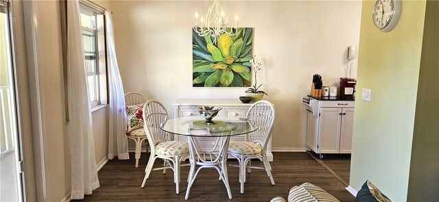 dining room with dark wood-type flooring and a chandelier