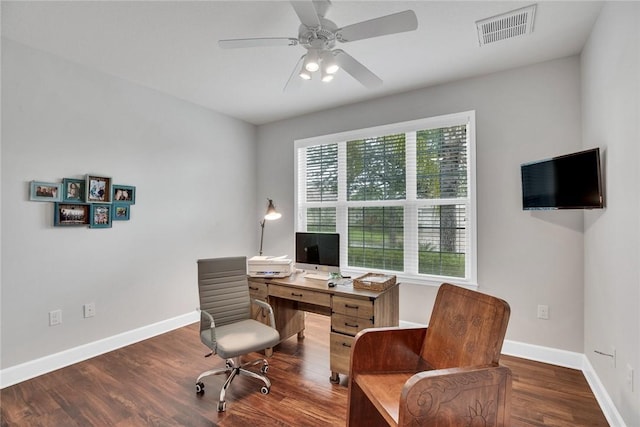 office area with ceiling fan and dark wood-type flooring