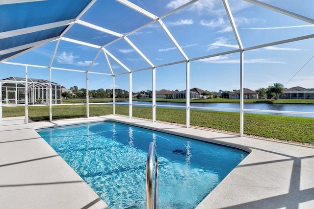 view of pool featuring a water view, a lanai, and a lawn