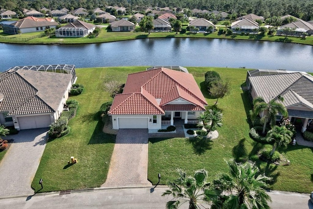 aerial view featuring a water view