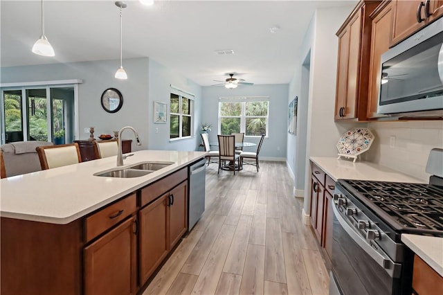 kitchen with sink, hanging light fixtures, a center island with sink, appliances with stainless steel finishes, and decorative backsplash