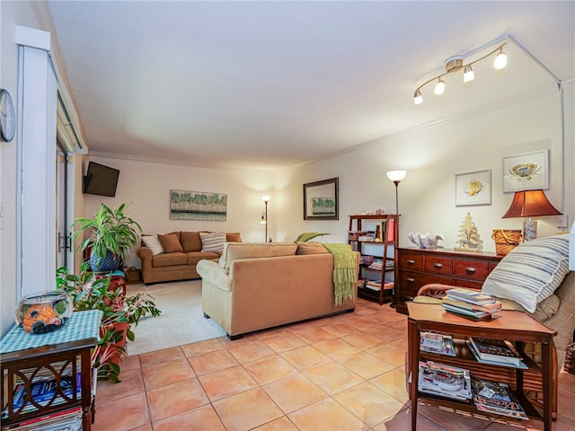 tiled living room with crown molding