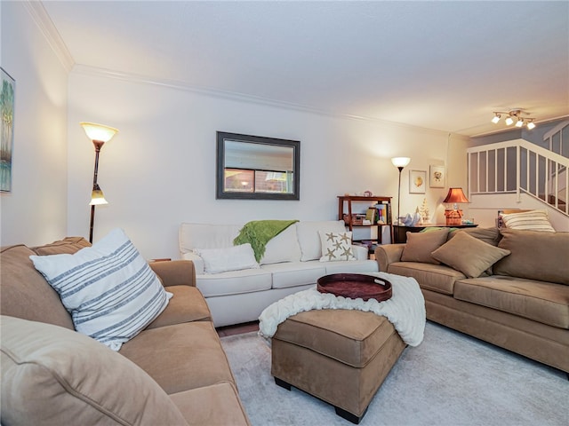 carpeted living room with crown molding