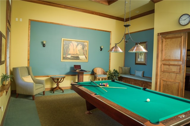 game room featuring carpet flooring, ornamental molding, and pool table