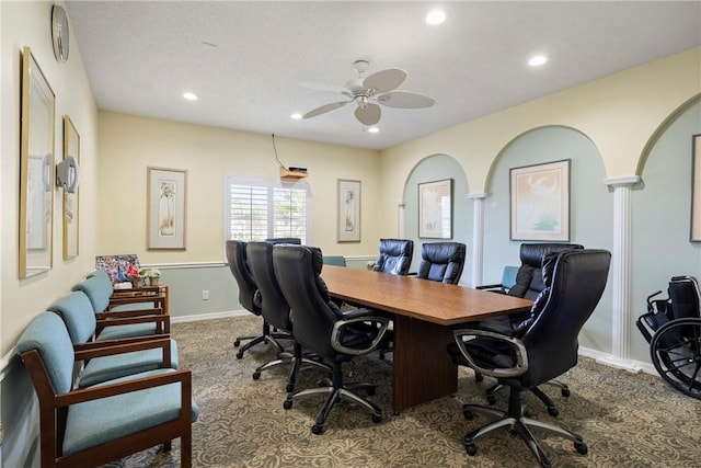 home office featuring ceiling fan and light carpet