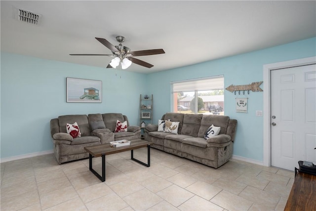 1203 Linmoor Cir NE, Palm Bay, FL 32907 - living room featuring ceiling fan, baseboards, and light tile patterned floors