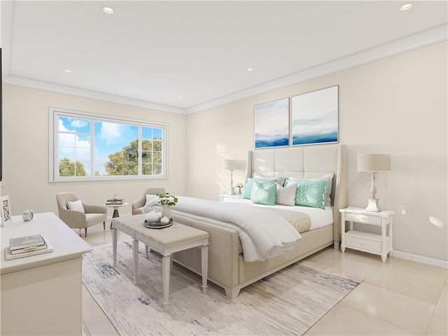 bedroom featuring recessed lighting, baseboards, light tile patterned flooring, and crown molding