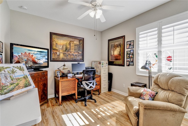 home office with ceiling fan and light wood-type flooring