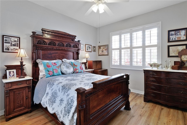 bedroom featuring ceiling fan and light wood-type flooring