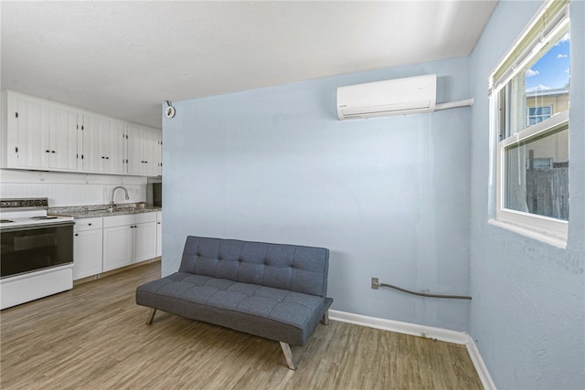 sitting room featuring a wall unit AC, sink, and light hardwood / wood-style flooring