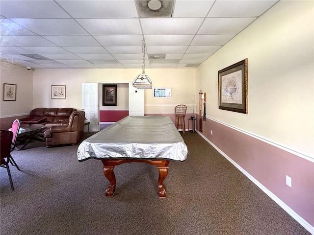 recreation room featuring pool table, carpet flooring, and a drop ceiling