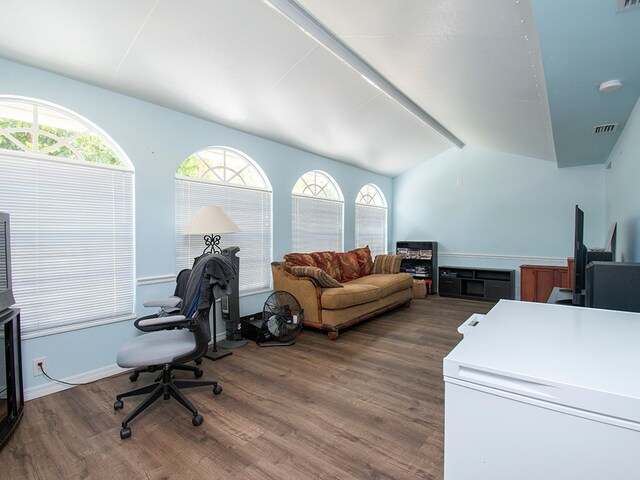 office area with lofted ceiling with beams and wood-type flooring