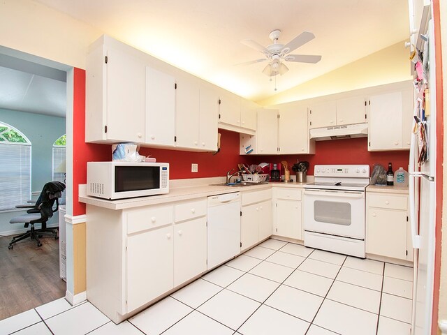 kitchen with white cabinetry, ceiling fan, white appliances, lofted ceiling, and light wood-type flooring