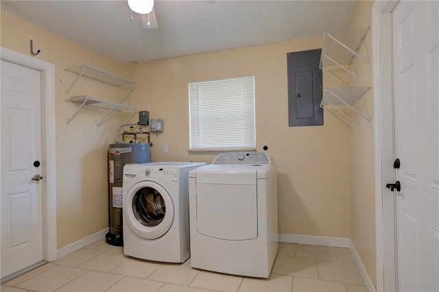 washroom featuring electric panel, separate washer and dryer, light tile patterned floors, electric water heater, and ceiling fan