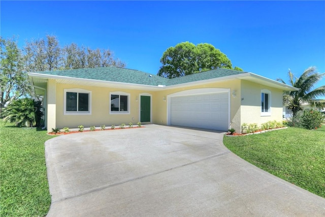 single story home with stucco siding, driveway, a front lawn, roof with shingles, and a garage