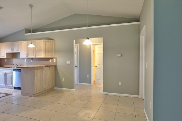 kitchen with decorative light fixtures, light tile patterned floors, decorative backsplash, dishwasher, and vaulted ceiling