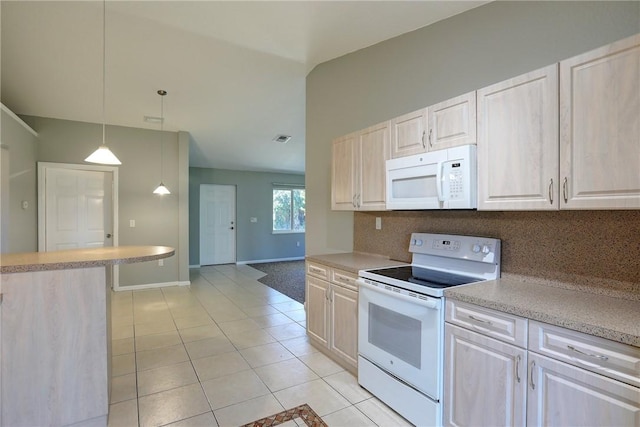 kitchen with visible vents, white appliances, light tile patterned flooring, light countertops, and decorative backsplash