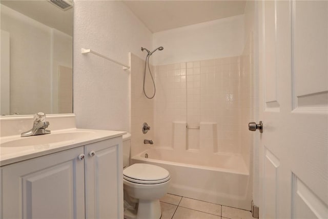 full bath with vanity, visible vents, tile patterned flooring, shower / bath combination, and toilet