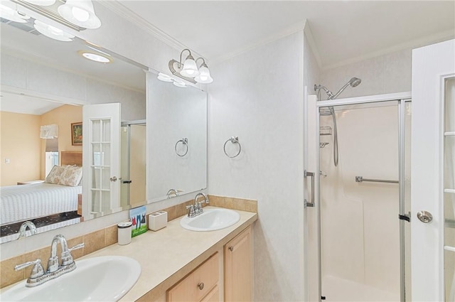 1218 Chipewa Dr, Sebastian, FL 32976 - ensuite bathroom with a shower stall, double vanity, and crown molding