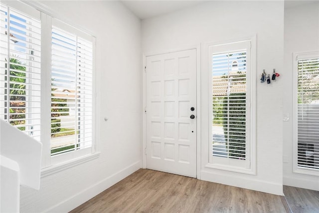 foyer with a wealth of natural light, light wood-type flooring, and baseboards