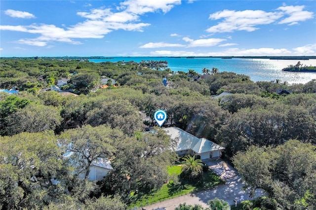 drone / aerial view featuring a water view