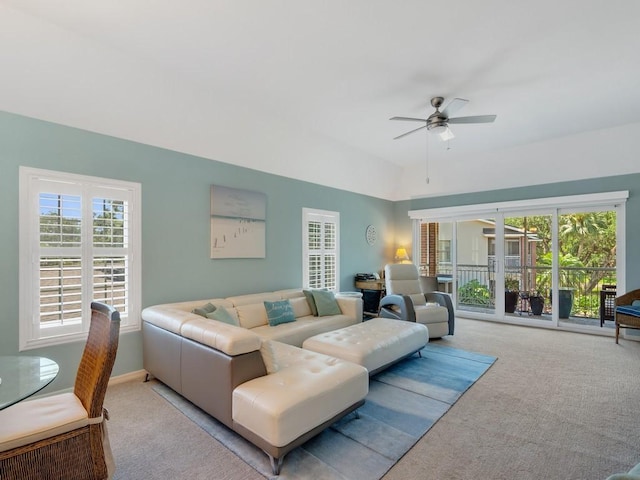 133 E Park Shores Cir Unit 8E, Vero Beach, FL 32963 - carpeted living area featuring ceiling fan and vaulted ceiling