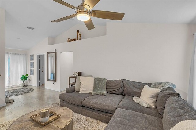 1360 18th Ave SW, Vero Beach, FL 32962 - living room featuring baseboards, light tile patterned flooring, ceiling fan, and high vaulted ceiling