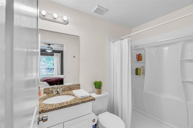 1360 18th Ave SW, Vero Beach, FL 32962 - bathroom featuring connected bathroom, vanity, a shower with shower curtain, a ceiling fan, and toilet