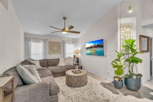 1360 18th Ave SW, Vero Beach, FL 32962 - living area with ceiling fan, vaulted ceiling, and baseboards