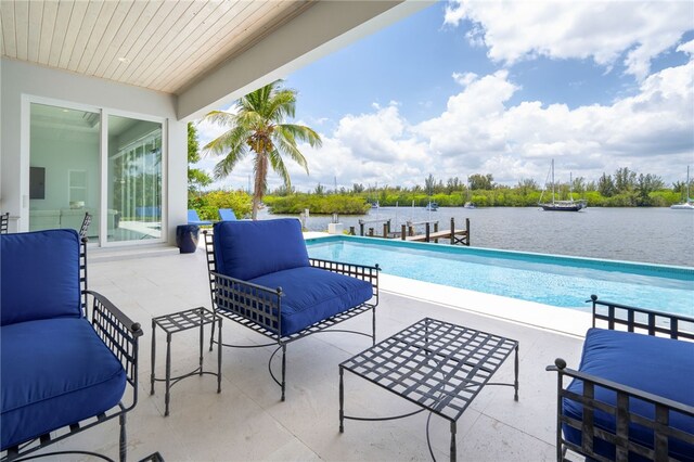 view of swimming pool with a patio and a water view